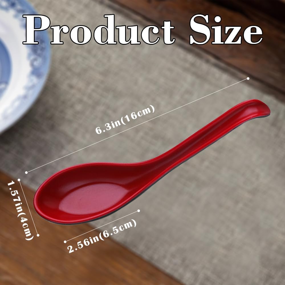 6Pcs Asian Soup Spoons Wiht HookRed and Black Chinses Soup Spoon  Perfect for Buckwheat Noodles  Rice  Rice Noodles  Lamian Noodles  Wonton(Long Handle)