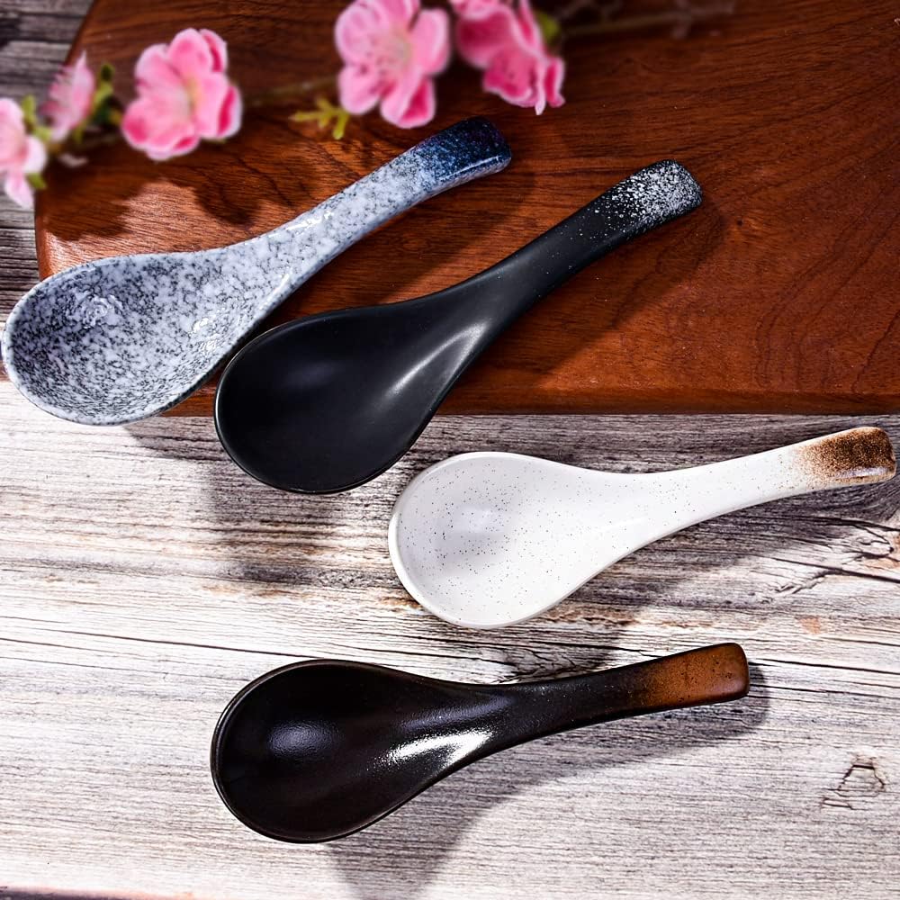 Ceramic Asian Soup Spoons Set of 4 Chinese and Japanese Tablespoons Porcelain Rice Spoons for Soup Ice cream Oats and Cereal