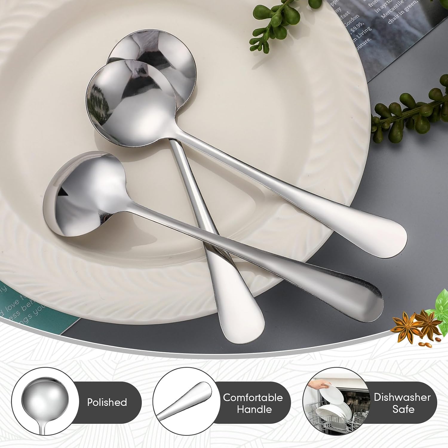 Mifoci 100 Pcs Soup Spoons Set (6.3 Inch) Stainless Steel Round Metal Dinner Spoons Bulk Mirror Polished Tablespoon for Home Kitchen Restaurant School Dishwasher Safe