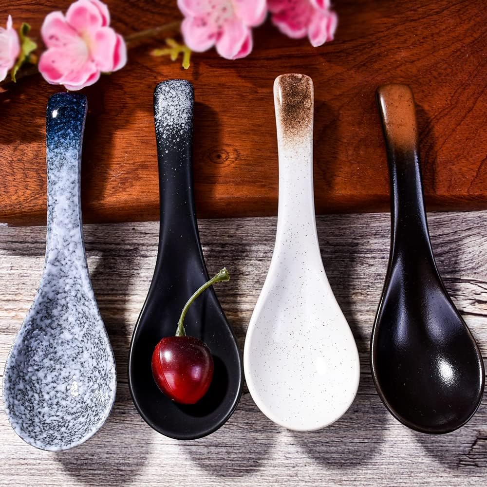Ceramic Asian Soup Spoons Set of 4 Chinese and Japanese Tablespoons Porcelain Rice Spoons for Soup Ice cream Oats and Cereal