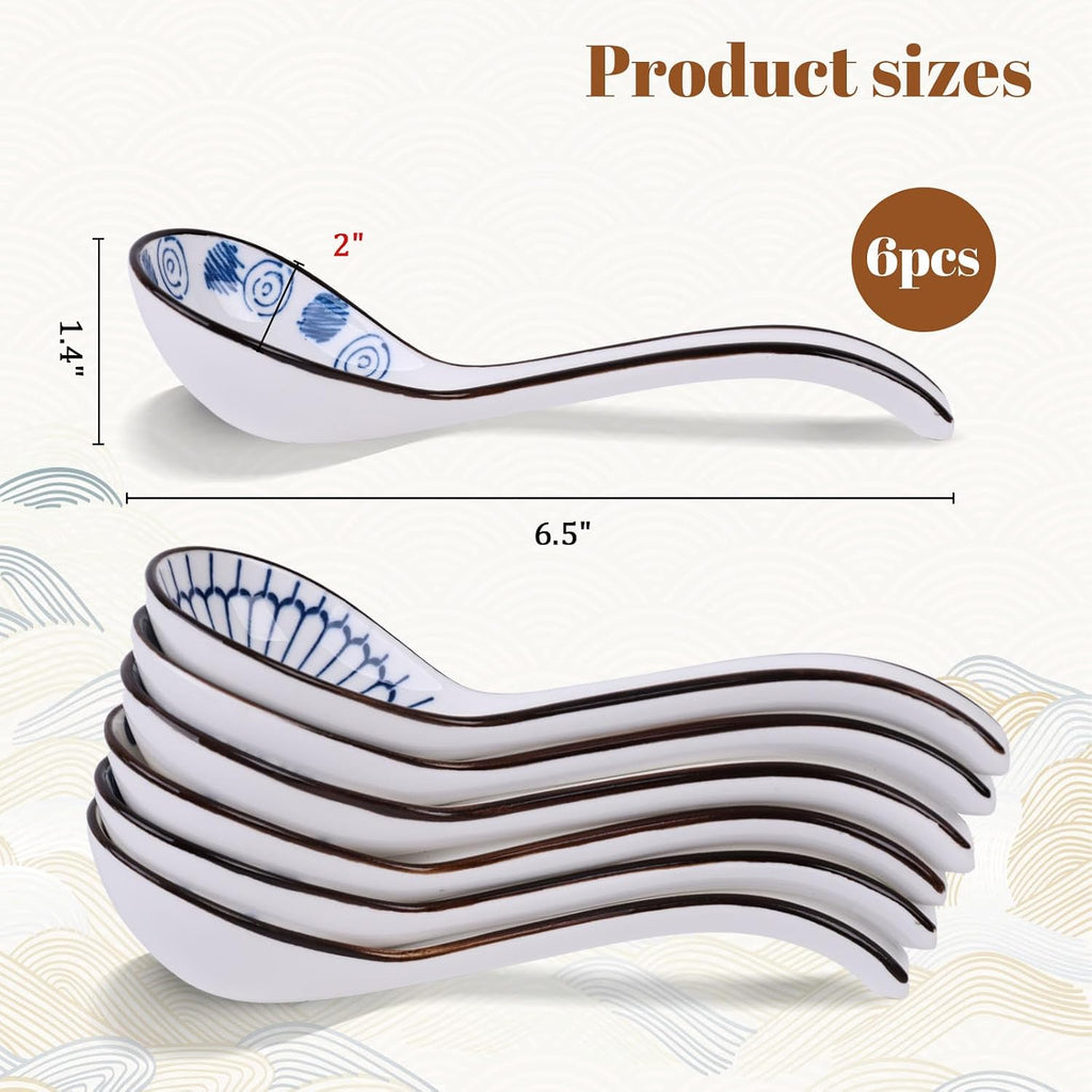 HANSGO Asian Soup Spoon  6 PCS Ceramic Soup Spoons for Ramen  Pho  Wonton  Miso  Dumplings  Rice  Noodle  Elegant Gifts for Friends Parents Family  with Long Handle  Easy to Hold  Non-slip Bottom