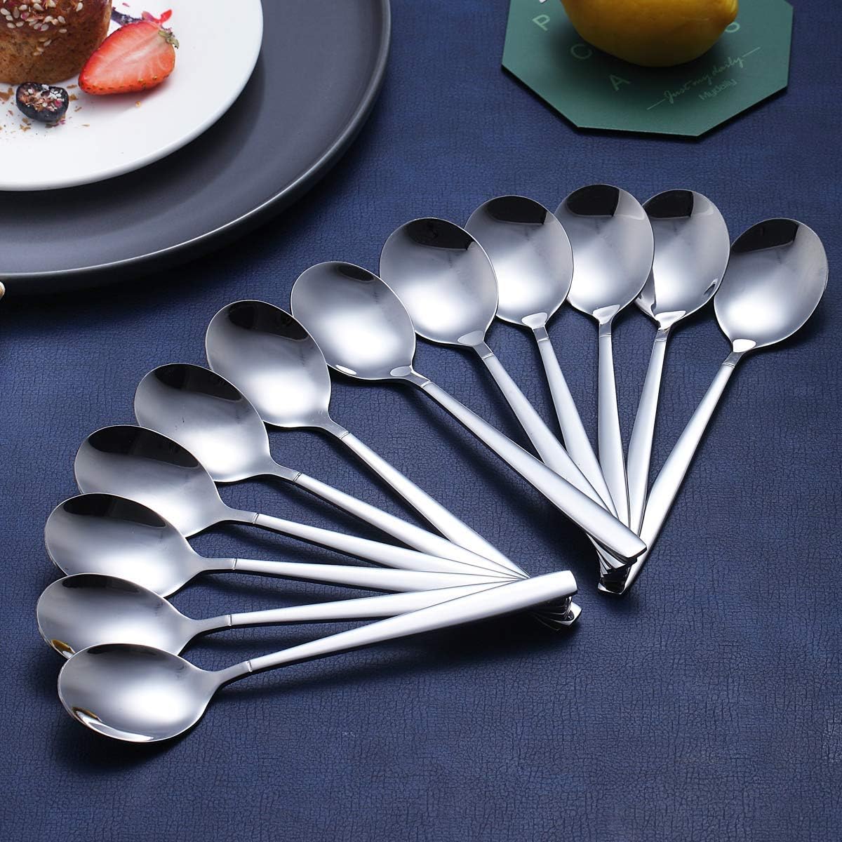 Berglander Dinner Spoon of 12  Stainless Steel Soup Spoons Silverware  Shiny Modern Soup Spoon Table Spoons Set Dishwasher Safe