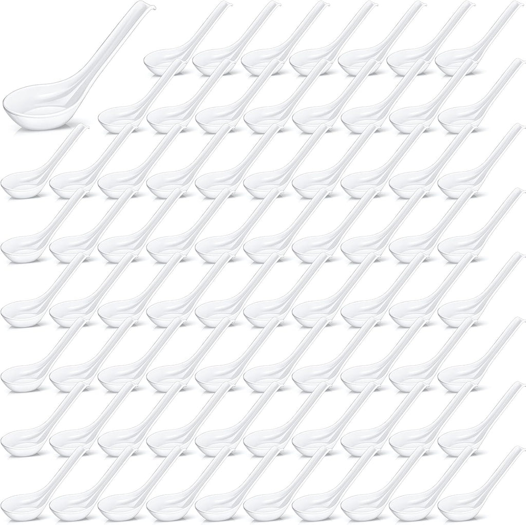 Hushee 100 Pcs Asian Soup Spoon Large Chinese Noodle Ramen Reusable Japanese Pho Spoon Bulk with Hook for Home Restaurant