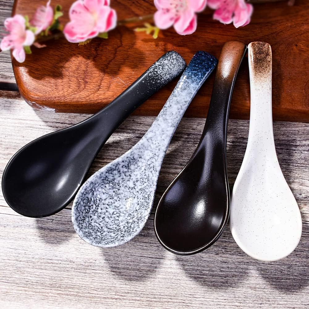 Ceramic Asian Soup Spoons Set of 4 Chinese and Japanese Tablespoons Porcelain Rice Spoons for Soup Ice cream Oats and Cereal